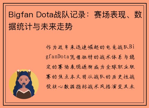 Bigfan Dota战队记录：赛场表现、数据统计与未来走势